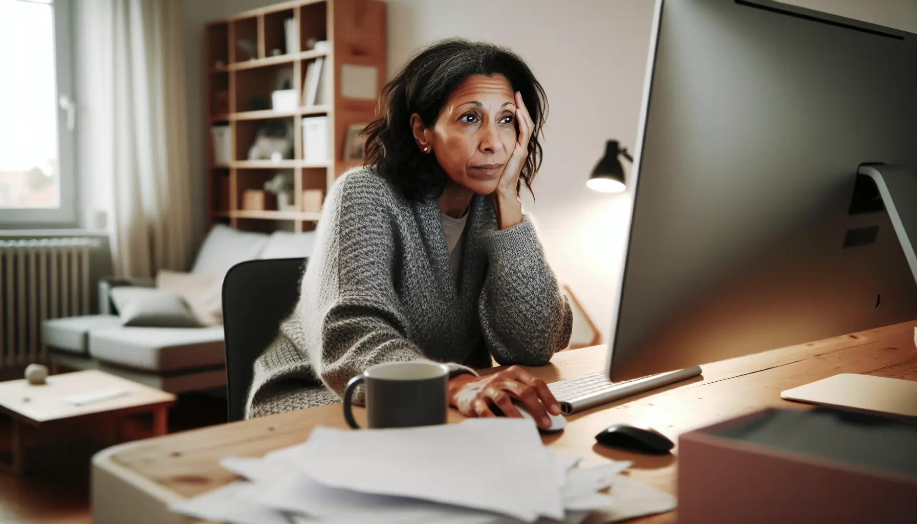 Create an image of a mixed race middle aged woman working at her computer looking despondent as she can't work out what to do. Create an image of a mixed race middle aged woman working at her computer looking despondent as she can't work out what to do.