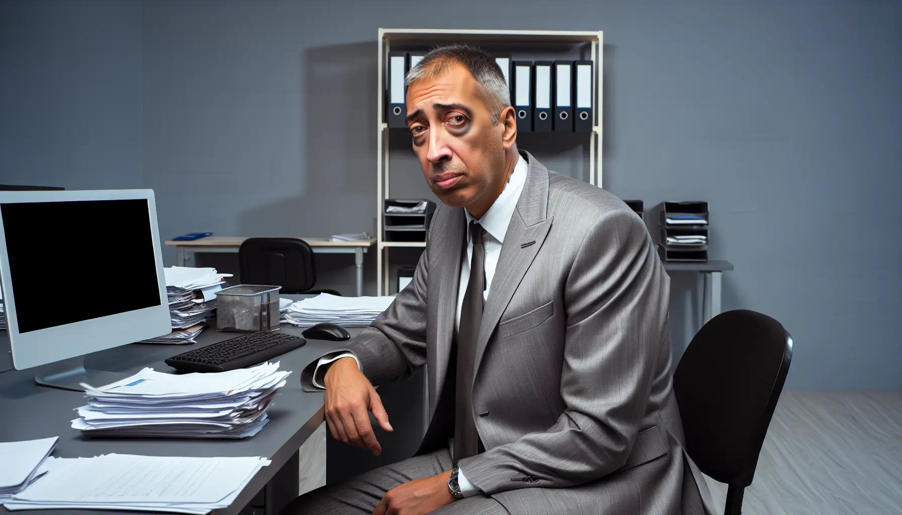Create an image of a middle aged man wearing a grey suit, working in a grey accountancy firm with a miserable face. Create an image of a middle aged man wearing a grey suit, working in a grey accountancy firm with a miserable face.