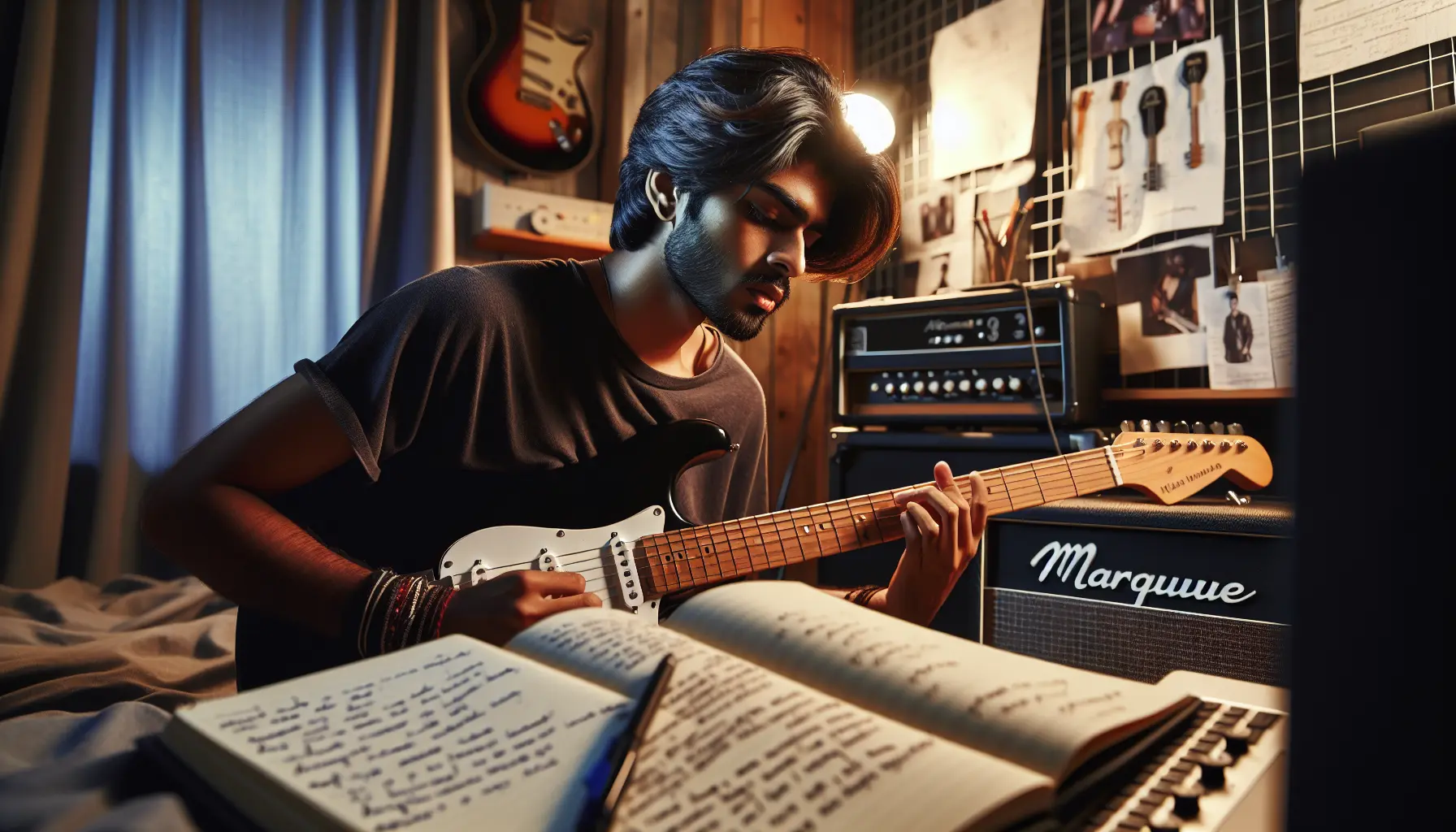 Create an image of a 19-25 year old male rock singer in his bedroom, making great music. Create an image of a 19-25 year old male rock singer in his bedroom, making great music.