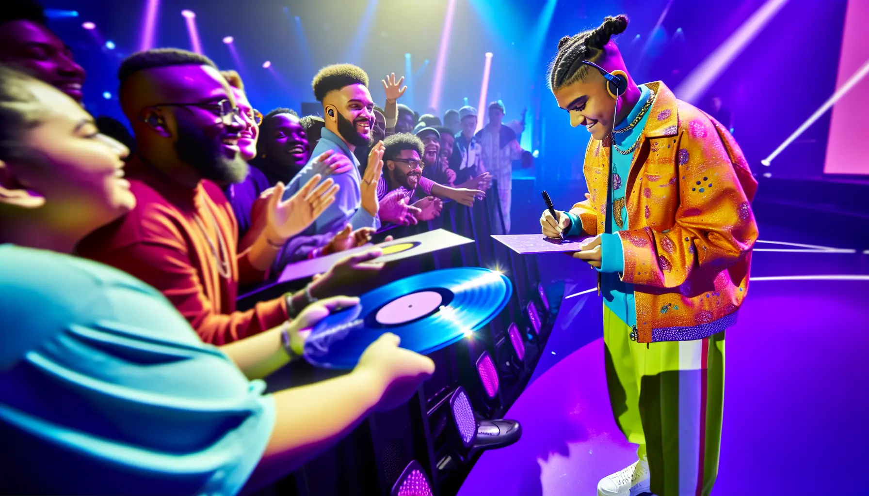 Create an image of a Gen Z mixed race female signing copies of her vinyl records on stage. Create an image of a Gen Z mixed race female signing copies of her vinyl records on stage.