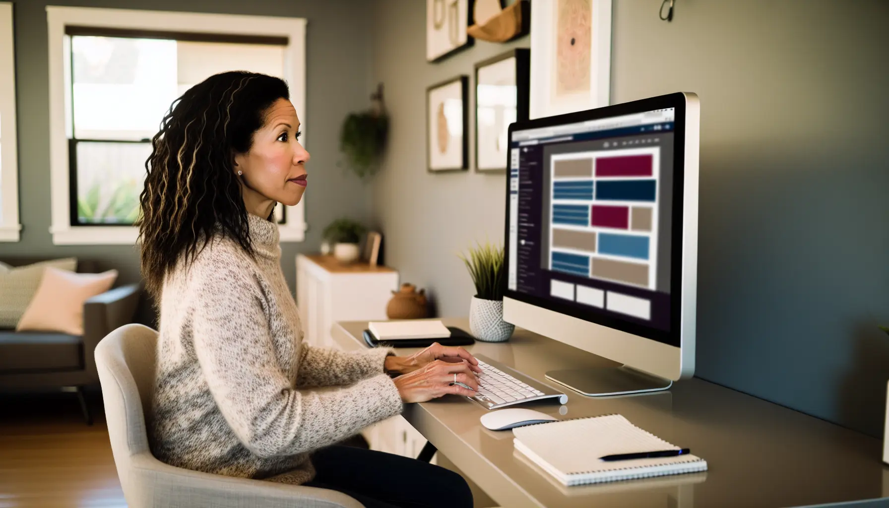 Create an image of a mixed race 35 year old woman working to build a website on her desktop computer. Create an image of a mixed race 35 year old woman working to build a website on her desktop computer.