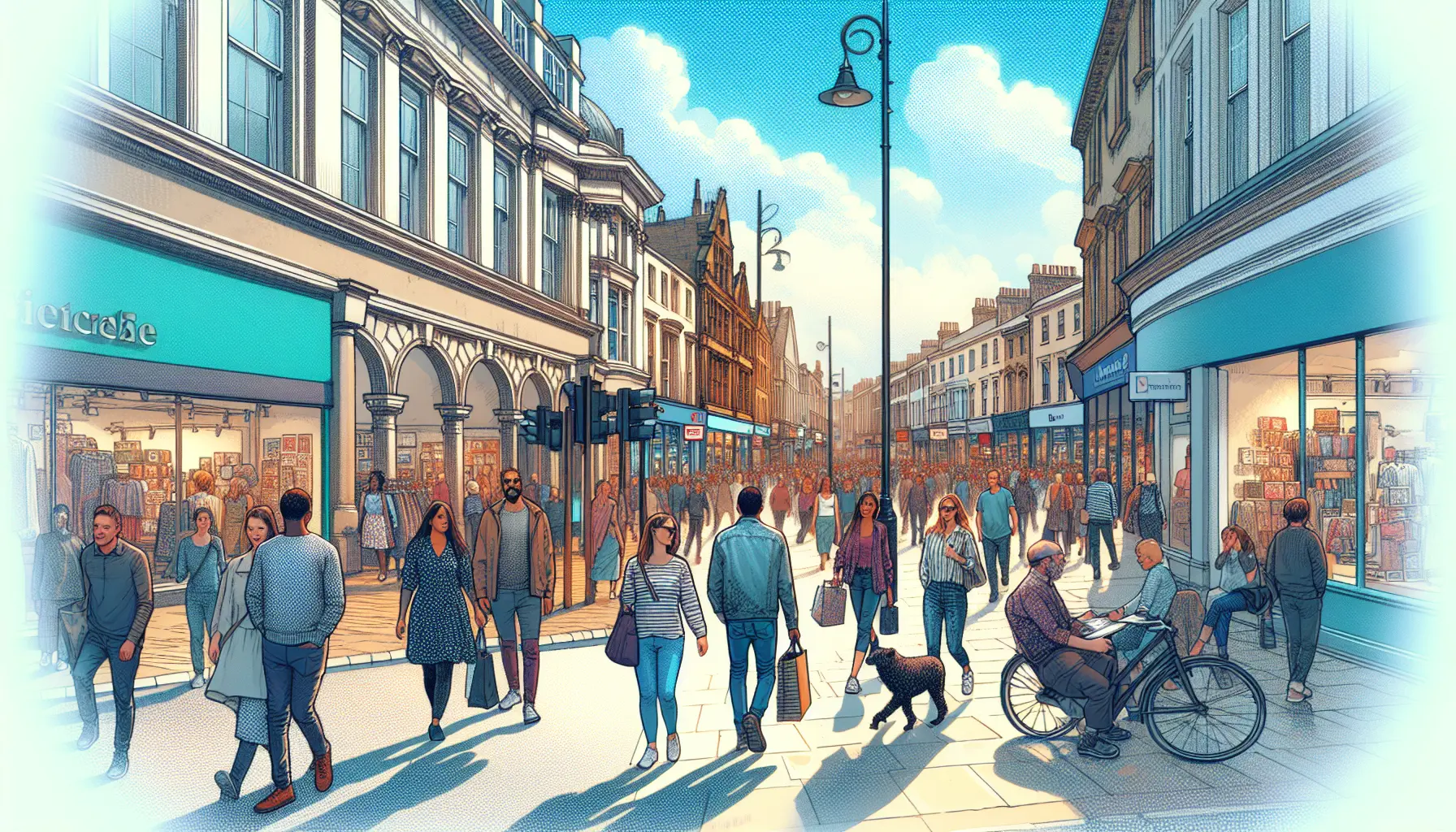 Design a high street, set in the UK, with shops and a prominent bank (financial institution), with a lot of people going about their business on a sunny day. Design a high street, set in the UK, with shops and a prominent bank (financial institution), with a lot of people going about their business on a sunny day.