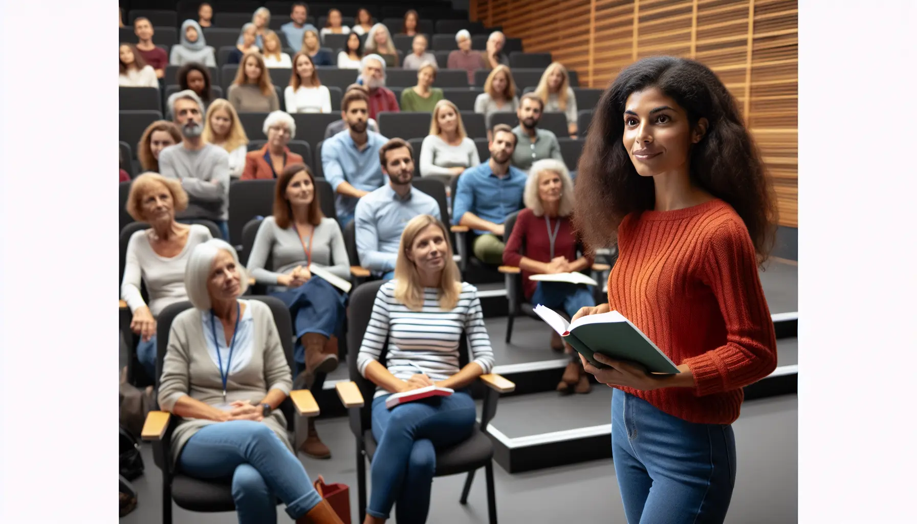 I need an image of a mixed race woman speaking in front of an audience about her new book. There needs to be about 50 people as attendees in a lecture theatre space. I need an image of a mixed race woman speaking in front of an audience about her new book. There needs to be about 50 people as attendees in a lecture theatre space.