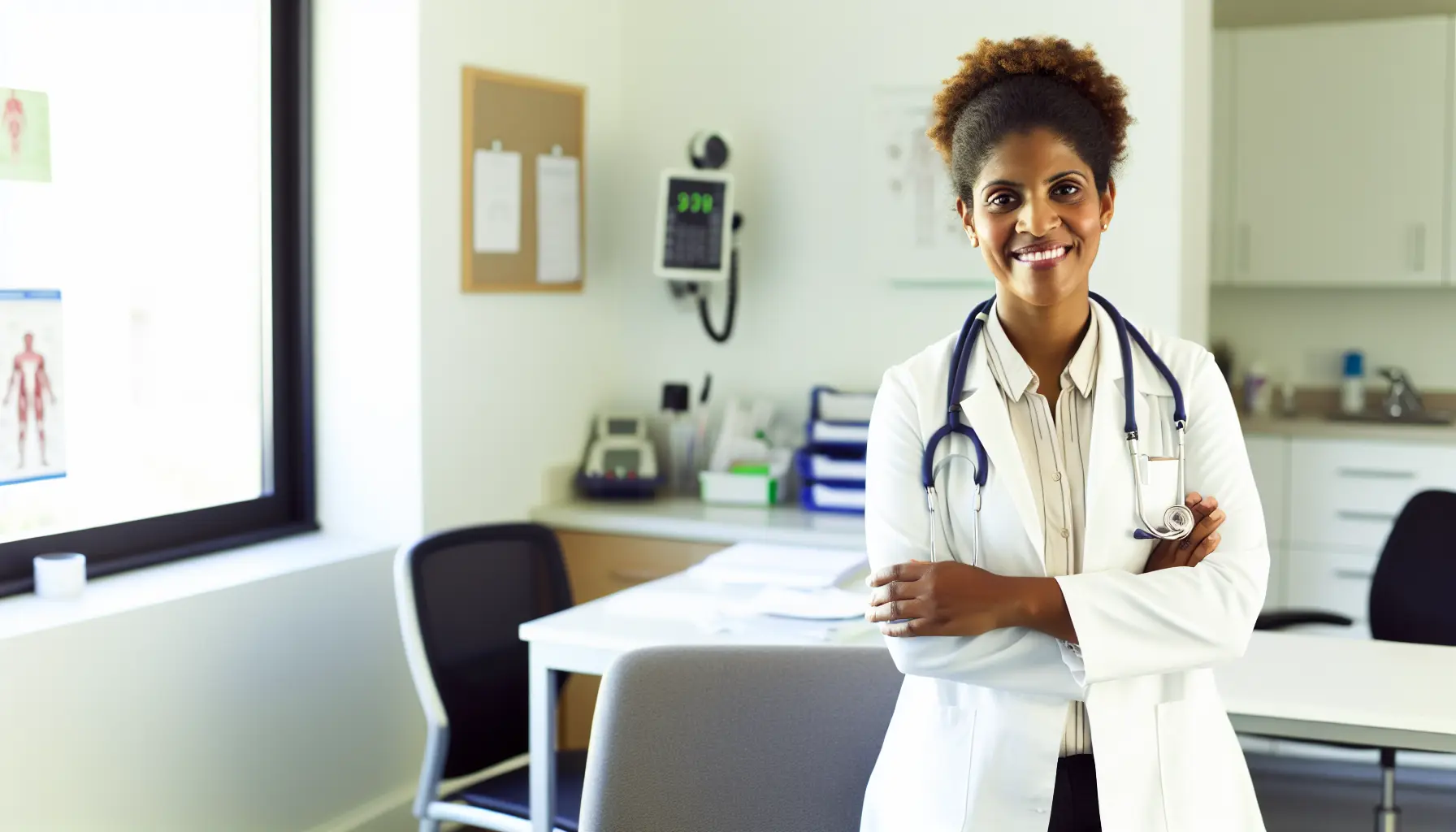 Create an image of a friendly, mixed race, 30 year old female GP in her surgery. Create an image of a friendly, mixed race, 30 year old female GP in her surgery.